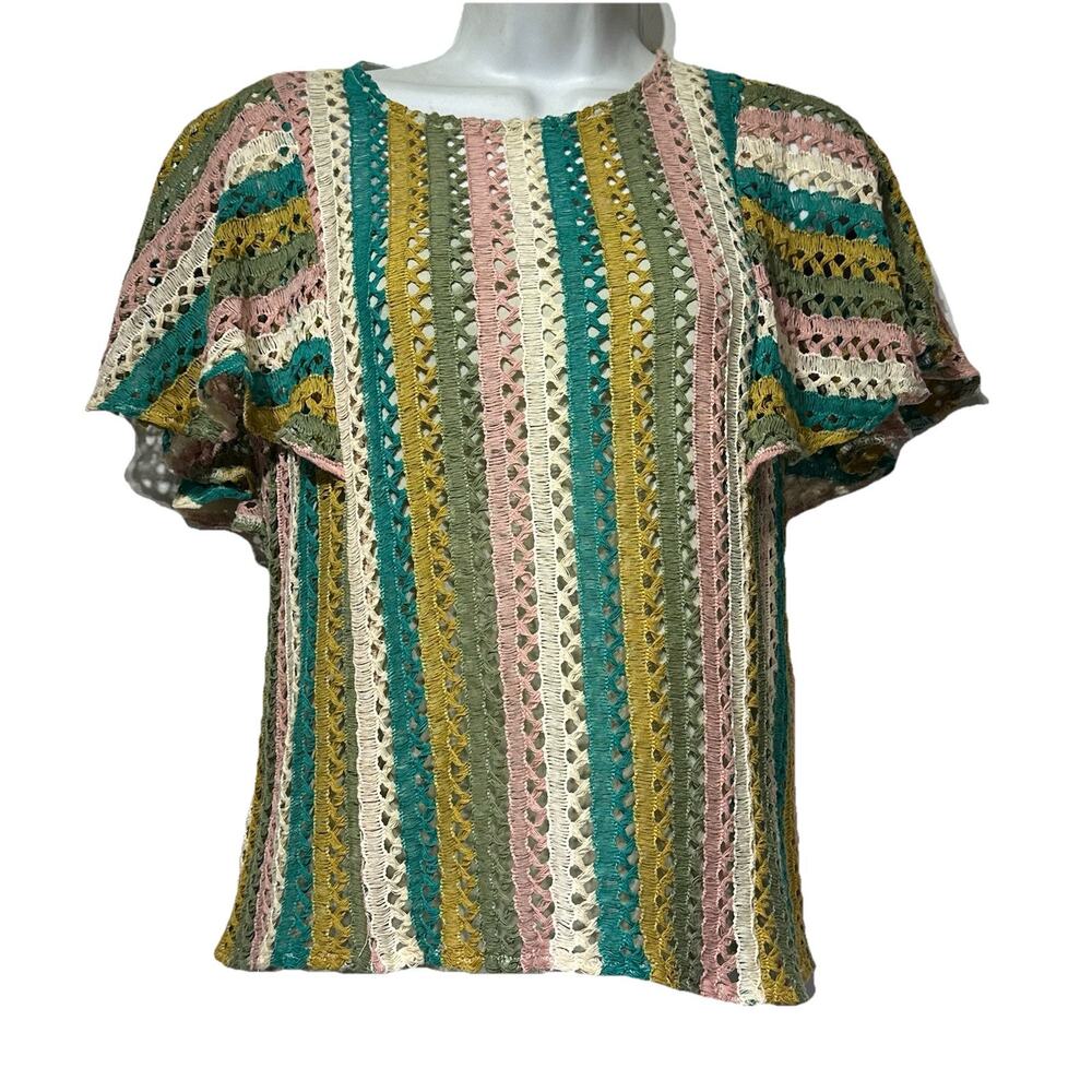 Eva Franco Crochet Open Knit Short Sleeve Blouse Top Shirt Size S